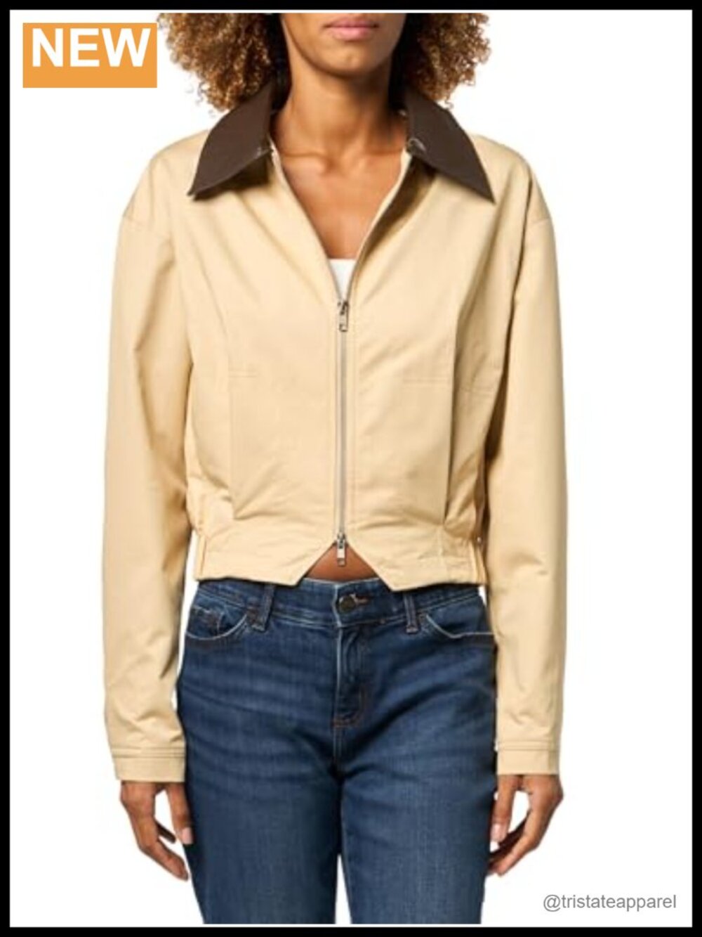 Oversized Zip-Up Cotton Jacket with Faux Leather Collar Cuffs